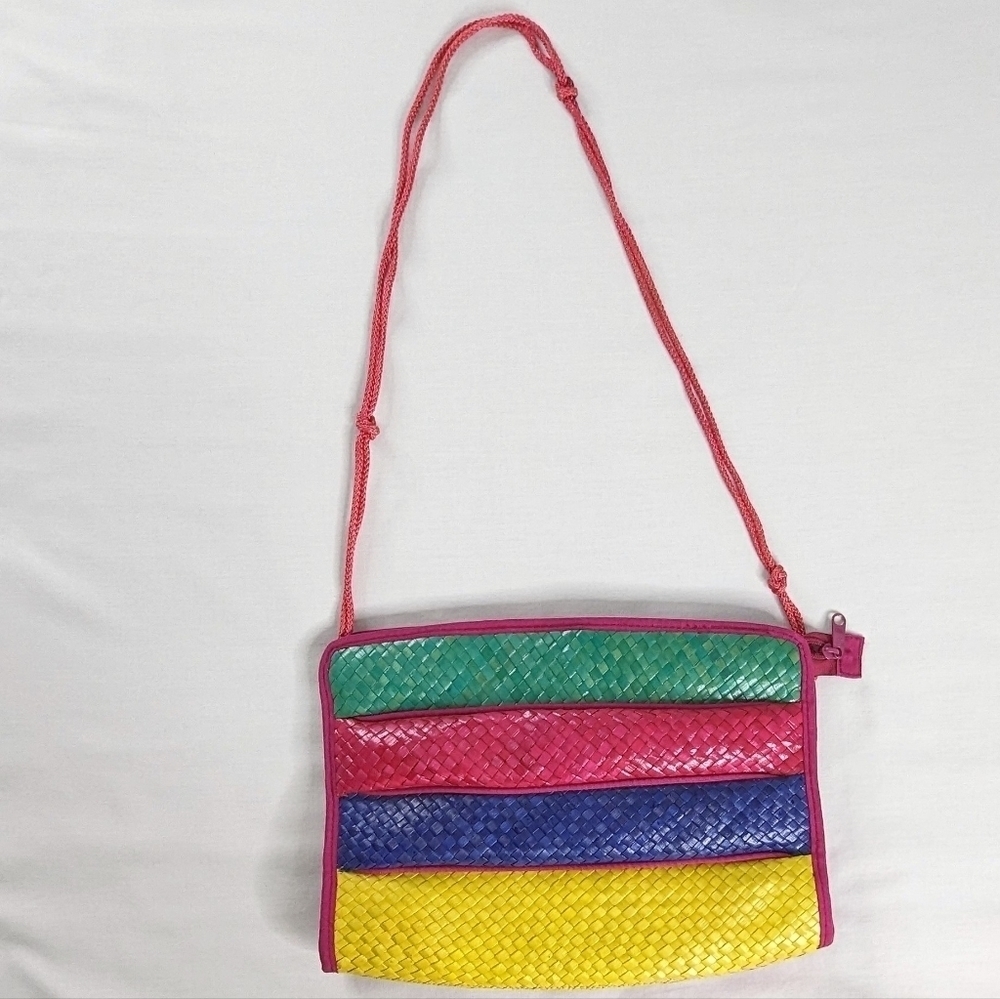 VTG Woven Color Block Bubble Rectangle Crossbody Bag Pink Yellow Blue Green